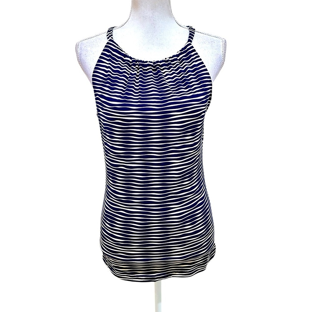 Ellie Kai navy & cream wavy print halter sleeveless stretchy top back tie size 2